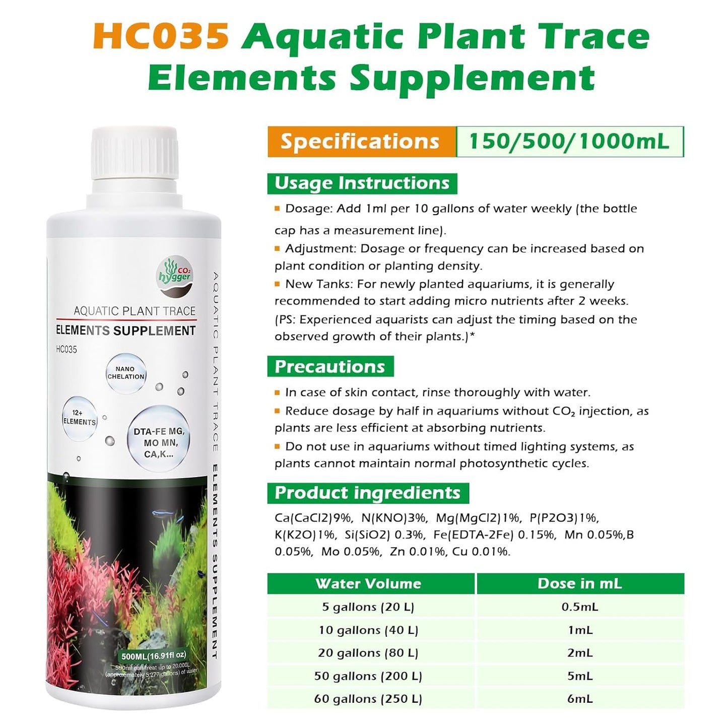 HC035 All-in-One Liquid Aquarium Plant Fertilizer - with Essential Micro & Macro Nutrients for Freshwater Planted Tanks, 150ml/500ml/1000ml (1000mL)