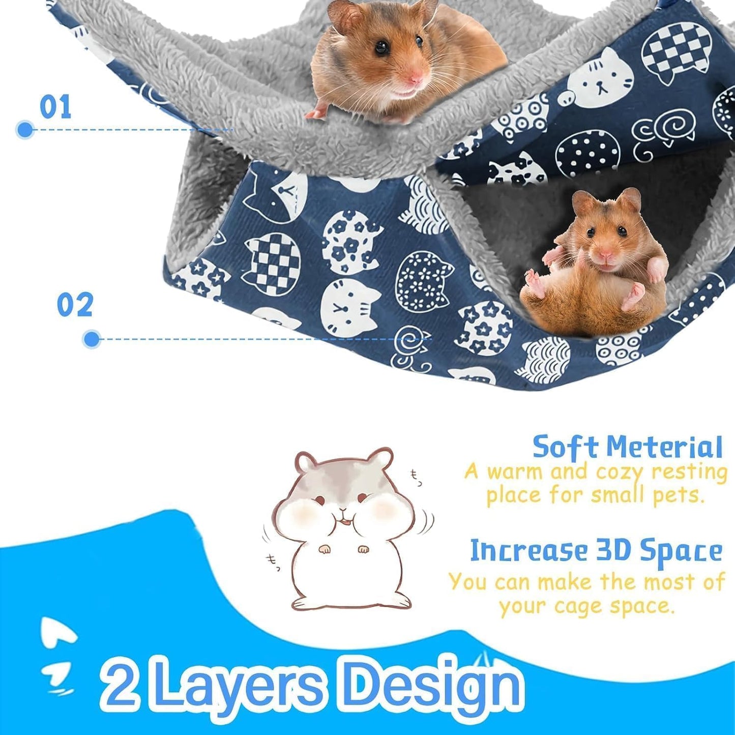 2 Layers Pet Rat Hammock, Double Sided Warm Flece & Linen Hammock for Cage, Hamster Guinea Pig Ferret Chinchilla Small Animal Bed, Hanging Hideout Swing Cage Accessories