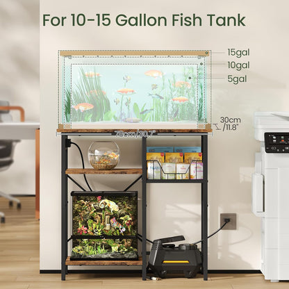 Fish Tank Stand with Power Outlet, Aquarium Stand with Wire Storage Basket, 10-15 Gallon Reptile Tank Stand with Shelves, Aquarium Table, for Home, Office, Rustic Brown and Black TCW78UBF