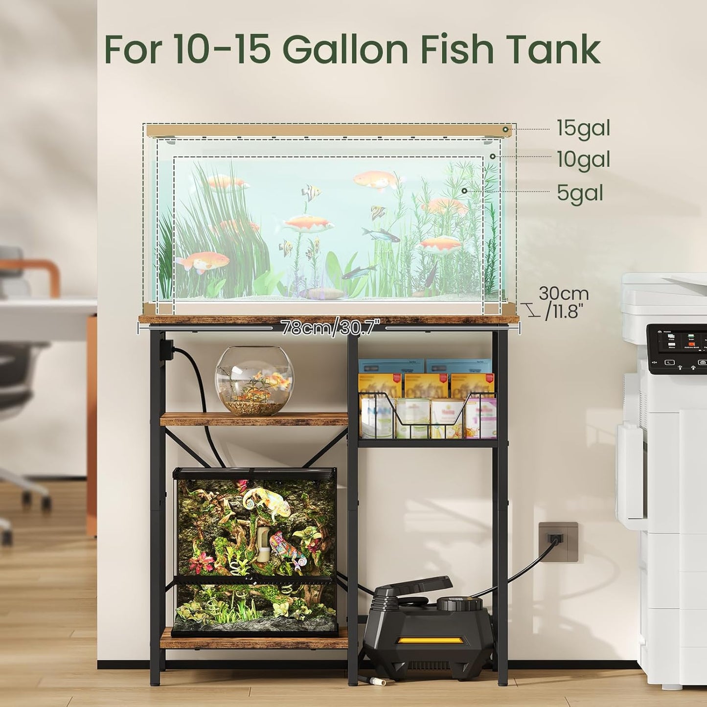 Fish Tank Stand with Power Outlet, Aquarium Stand with Wire Storage Basket, 10-15 Gallon Reptile Tank Stand with Shelves, Aquarium Table, for Home, Office, Rustic Brown and Black TCW78UBF