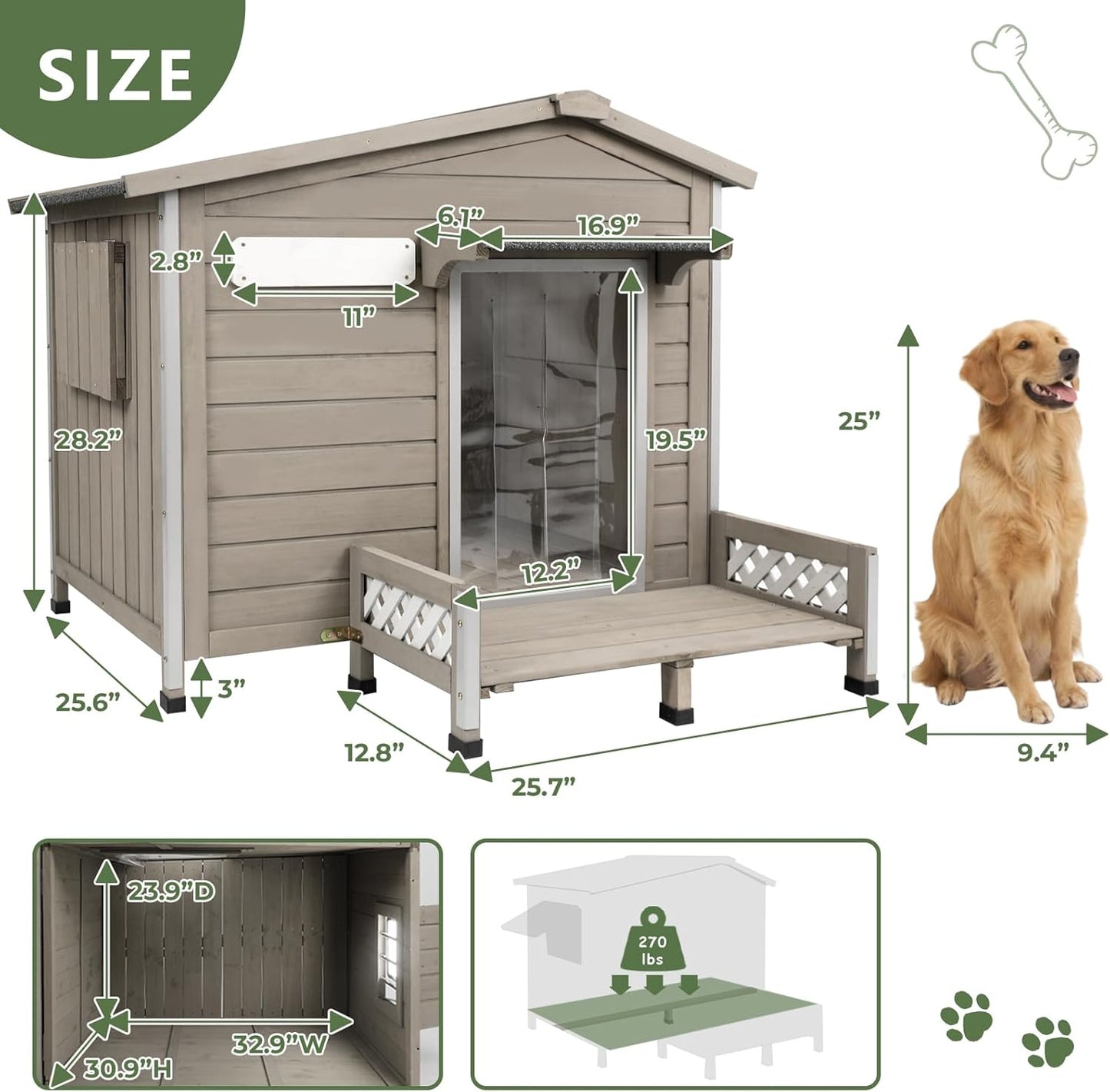 Weatherproof Dog House Outdoor Wooden Chew-Proof Iron Frame, Removable Floor and Adjustable Window for Small Medium Some Large Dogs(Gray, 40" L x 40" W x 35" H)