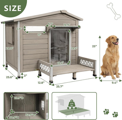 Weatherproof Dog House Outdoor Wooden Chew-Proof Iron Frame, Removable Floor and Adjustable Window for Small Medium Some Large Dogs(Gray, 40" L x 40" W x 35" H)