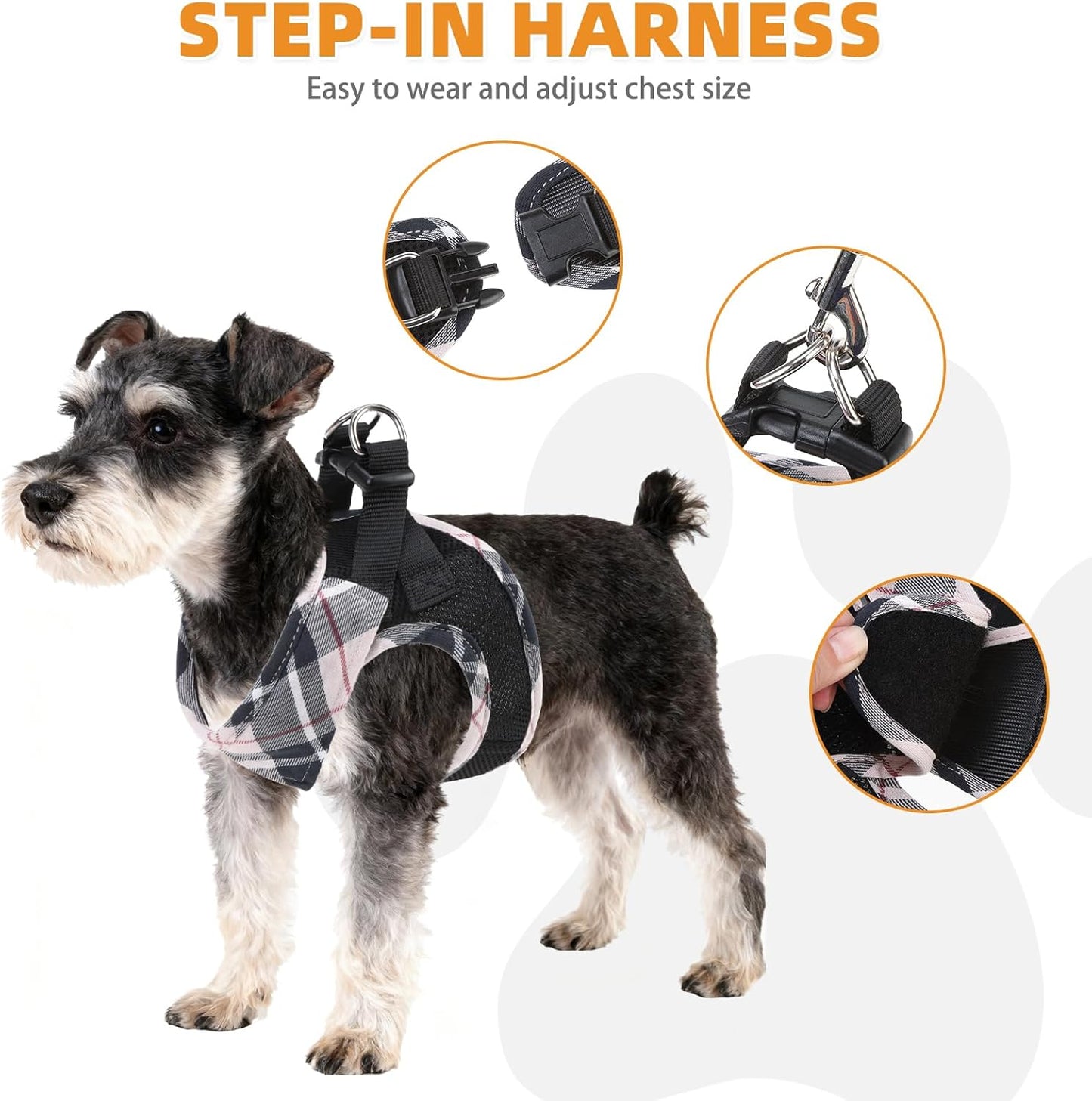 KOOLTAIL Small Dog Harness and Leash Set, Step in No Pull Soft Mesh Padded Pet Vest Harness Collar for Small Size Dogs Cats Boy Girl, Breathable & Lightweight Plaid Puppy Harness, Beige S