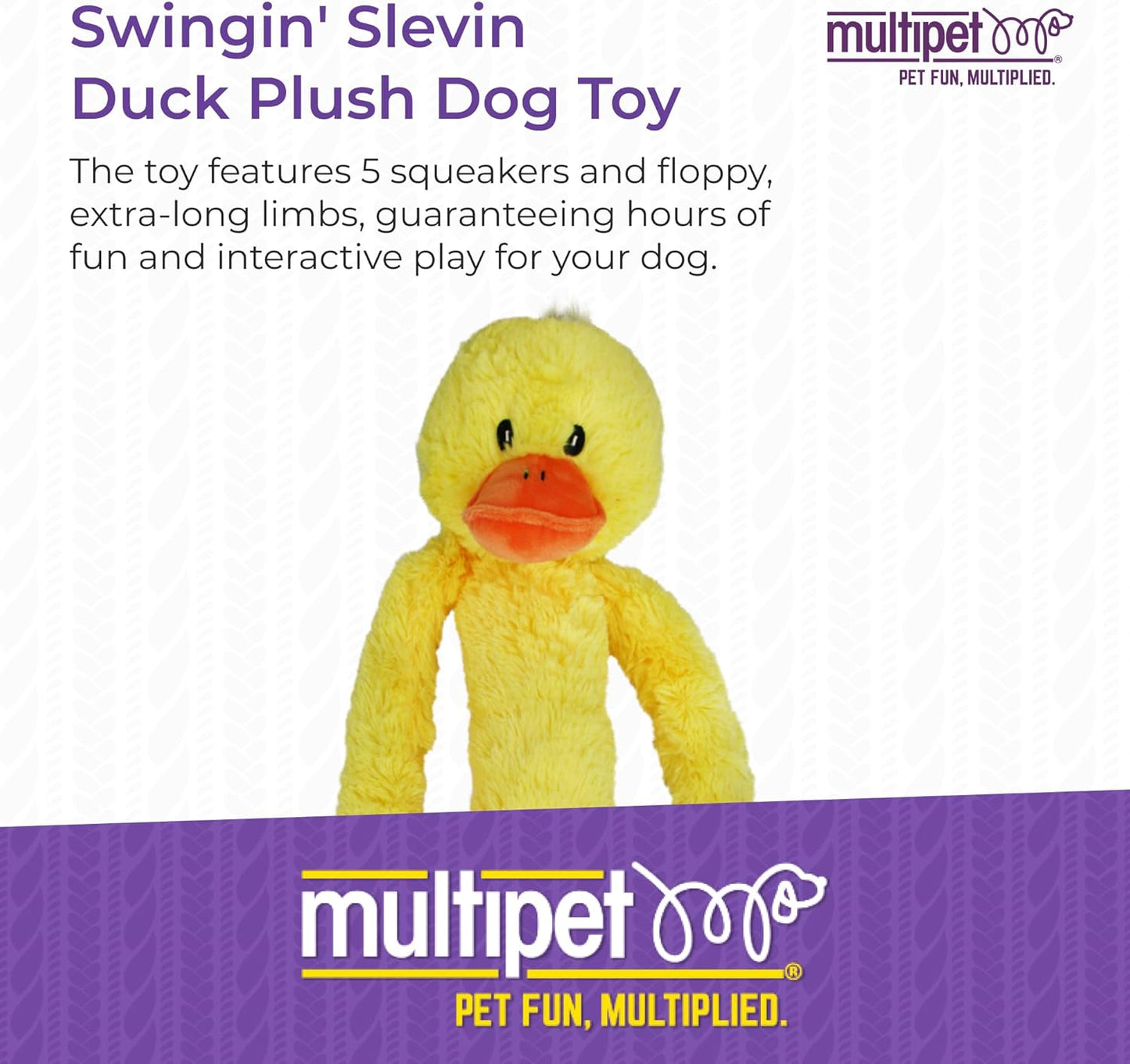 Multipet Swingin' Slevin Duck Dog Plush Toy - Squeaky Dog Toy for All Dogs - Extra Soft Plush - Stuffed Animal for Cuddling & Playing - Cute Dog Pet Toy (27”, Yellow, 5 Squeakers)
