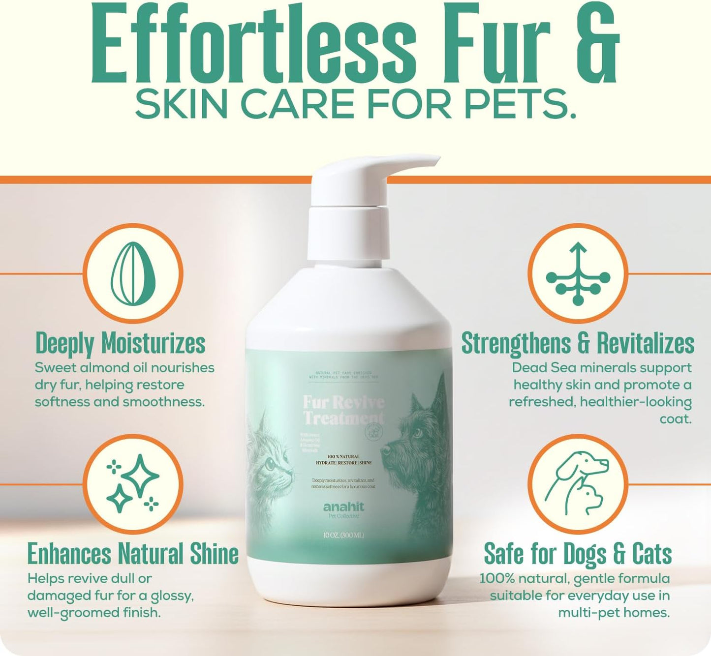 Fur Revive Pet Coat Treatment for Dogs and Cats with Sweet Almond Oil and Dead Sea Minerals – Softens Dry Fur, Enhances Shine, Smooth Texture, Lightweight Leave-in Grooming Care