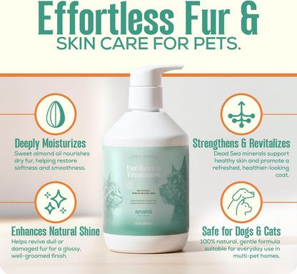 Fur Revive Pet Coat Treatment for Dogs and Cats with Sweet Almond Oil and Dead Sea Minerals – Softens Dry Fur, Enhances Shine, Smooth Texture, Lightweight Leave-in Grooming Care