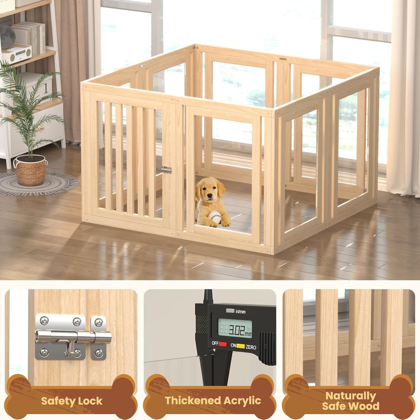 8 Panels Dog Playpen with Door, 23.6" H Pet Playpen Indoor, Clear Acrylic Puppy Playpens, Wooden Puppy Fence with Gate, Transparent Dog Pens, Pet Pen Indoor for Dogs, Cats, Rabbit, Small and Medium