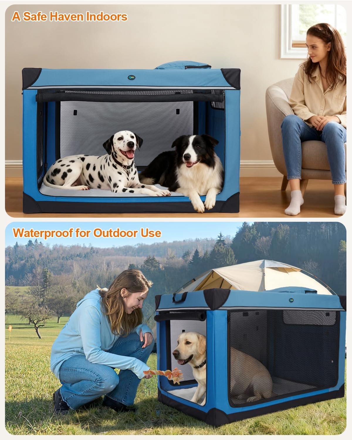 Ownpets 48 inch XXL Collapsible Dog Crate for Large Dogs, Portable Travel Dog Crate, 4-Door Foldable Pet Kennel with Durable Mesh Windows and Soft Mat, Blue