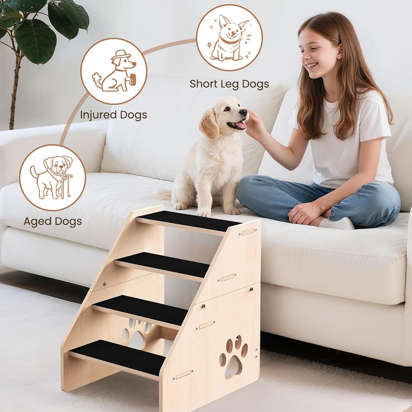 Dog Stairs, Wooden 4-Step Dog Ramp for Small Medium Older Cat, Puppy Essentials Pet Step Ladder for High Bed Couch Car