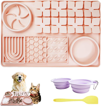 Silicone Licking Mats 6 in 1 for Dogs Cats - Slow Feeder Mat for Smell Training with Water Groove, Snuffle Mats with Suction Cups, Anxiety Relief and Boredom Reducer, Silicone Foldable Bowl