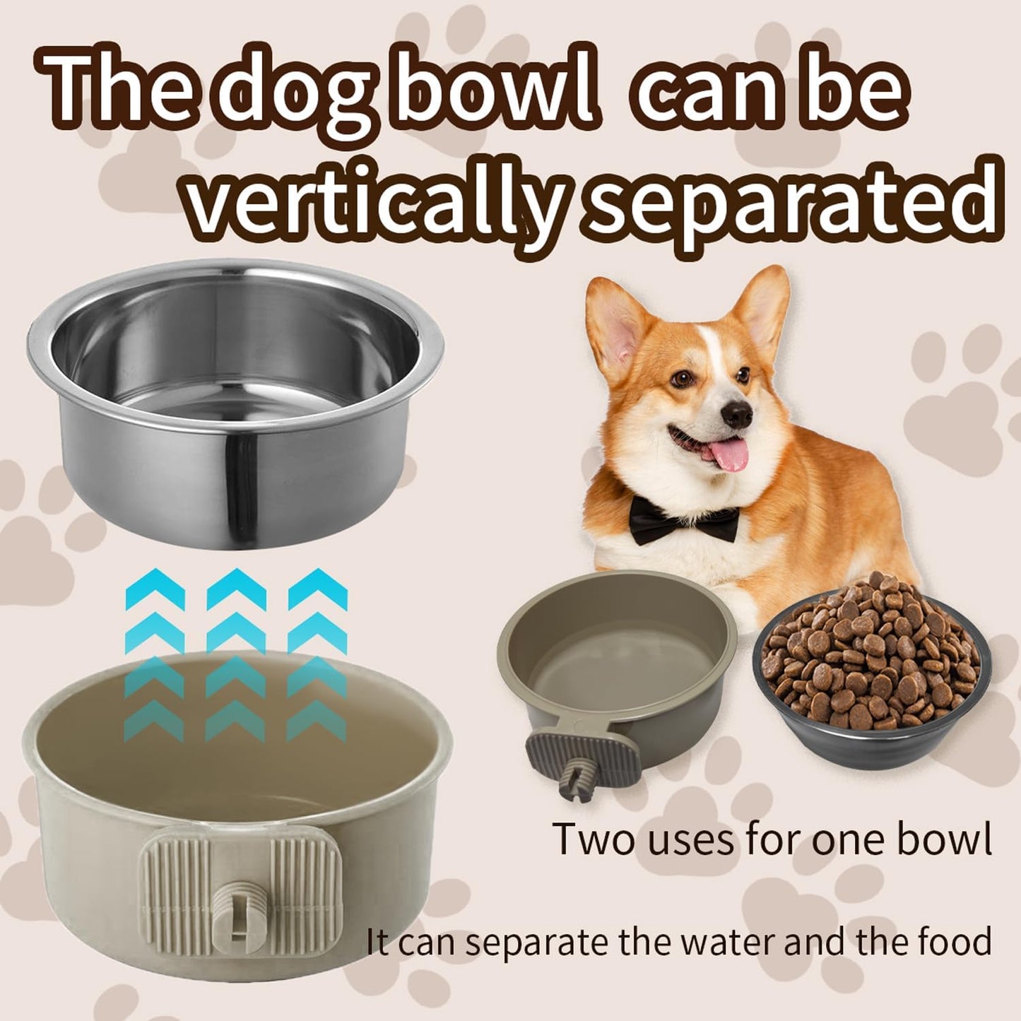 2Pcs Pets Lightweight Stainless Steel Bowl,Removable Stainless Steel Pet Hanging Food Water Feeder Bowl Cage Coop Cup for Puppy Medium Dog Cat Rabbit Ferret Bird Gunea Pigs (Gray, S)