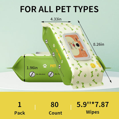 Pet Wipes for Dogs and Cats, Hypoallergenic and Unscented Grooming Wipes, Moisturizing and Deodorizing, Vet Recommended, Gentle for Paws and Body – 80 Count