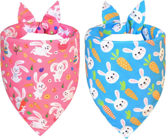 Easter Dog Bandanas 2 Pack - Reversible Bunny & Carrot Pastel Plaid Scarf for Large to X-Large Dogs, Pink & Blue Costume Accessories for Spring Gift