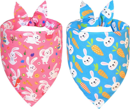 Easter Dog Bandanas 2 Pack - Reversible Bunny & Carrot Pastel Plaid Scarf for Large to X-Large Dogs, Pink & Blue Costume Accessories for Spring Gift