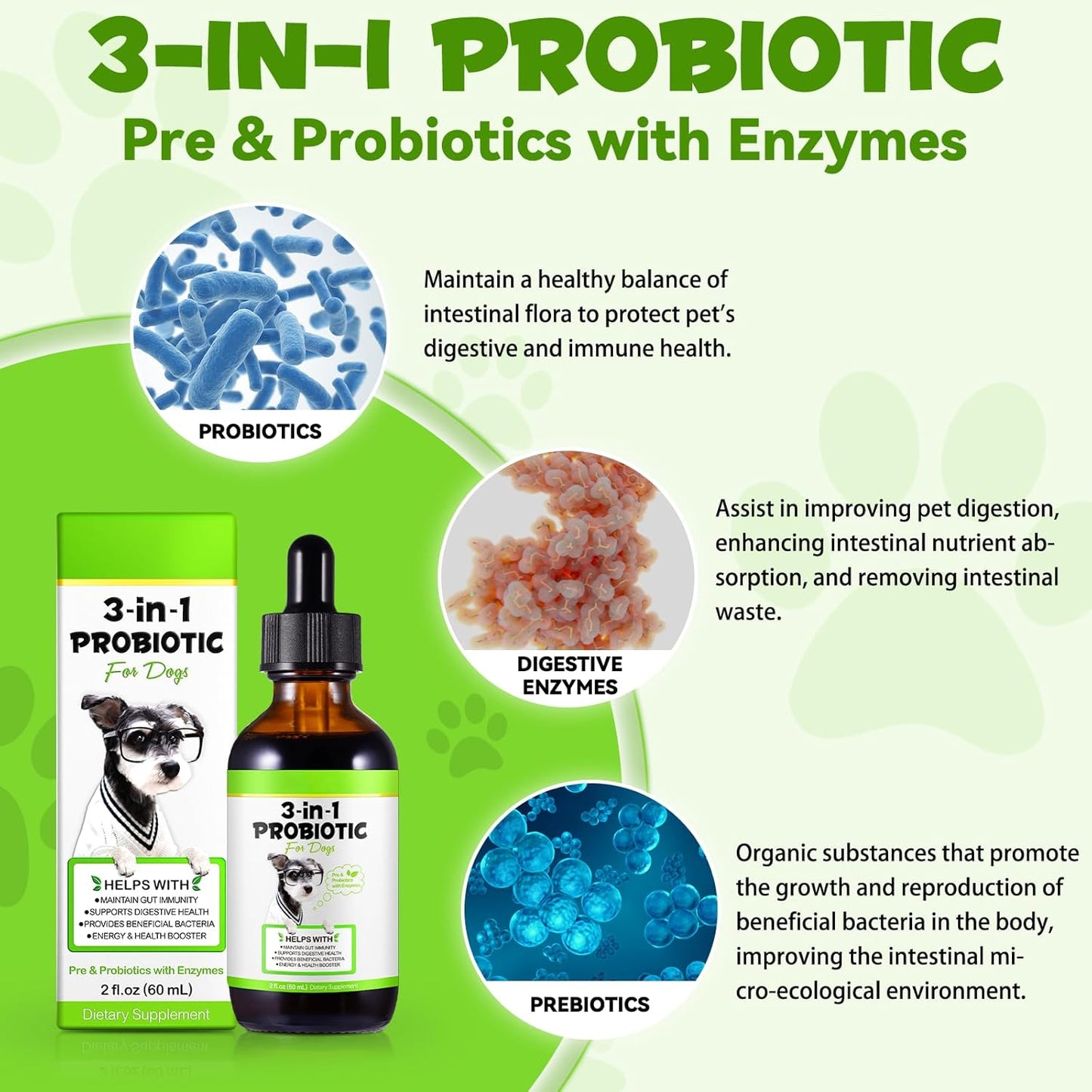 3-in-1 Probiotics for Dogs with Digestive Enzymes & Prebiotics – Supports Gut Health, Immune System & Diarrhea Relief – 60ml for Puppies & Adults