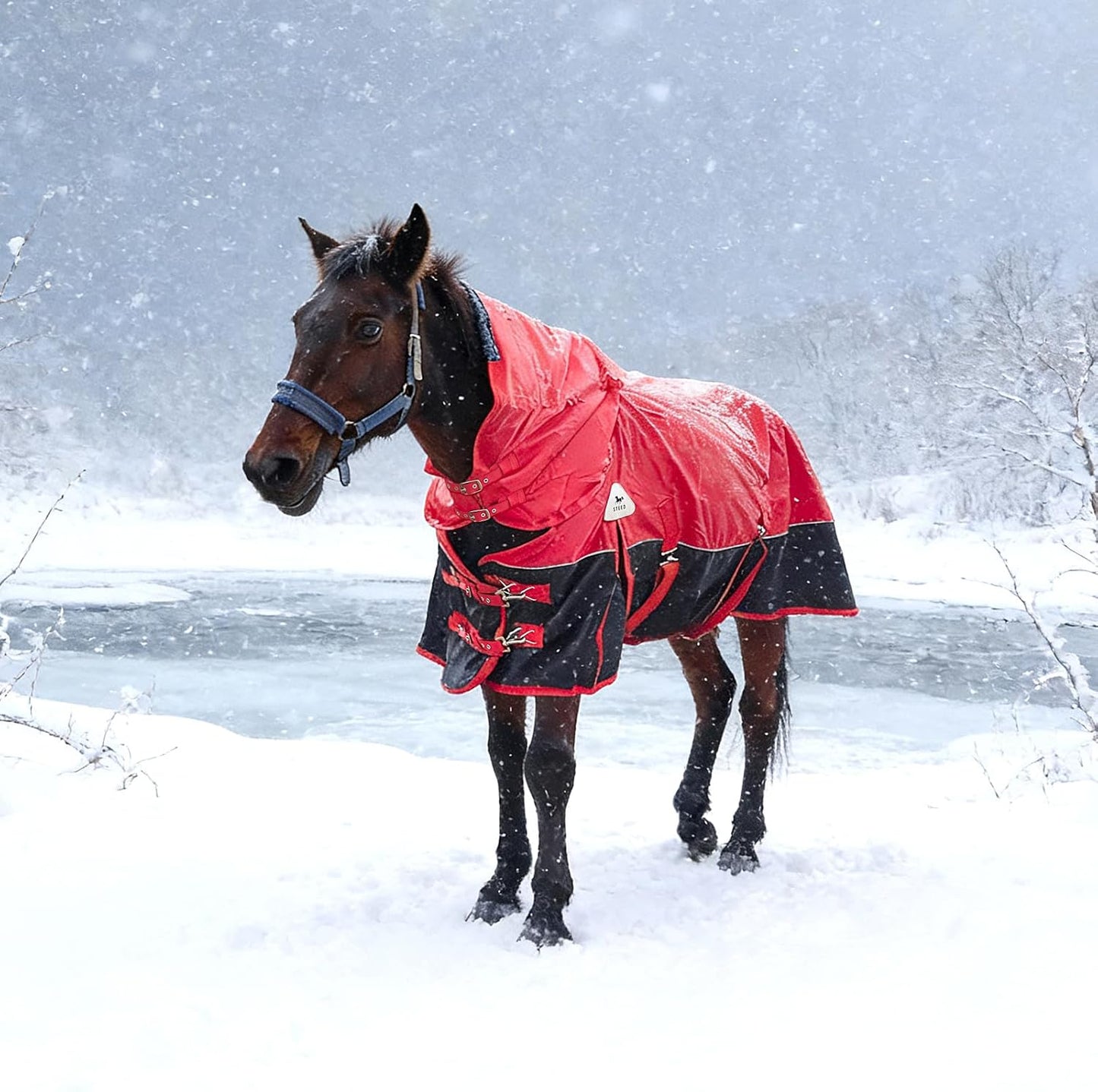 Horse Blankets Winter for Real Horses, 1600D Waterproof Poly Rain Sheets 72 in with Neck Cover Belly Wrap Tail Wrap Turnout Blanket, Stuff Care Medium Large Weight Heavy Outdoor Clothes Red Black