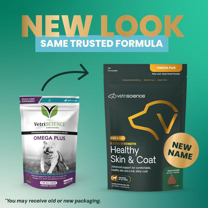 VetriScience Extra Strength Healthy Skin & Coat Chews, Omega Plus Supplement for Dogs, with Balanced Omega 3, 6, 9, Fish Oil and Biotin, Skin Health, Coat Growth and Shine, Duck, 40 Count