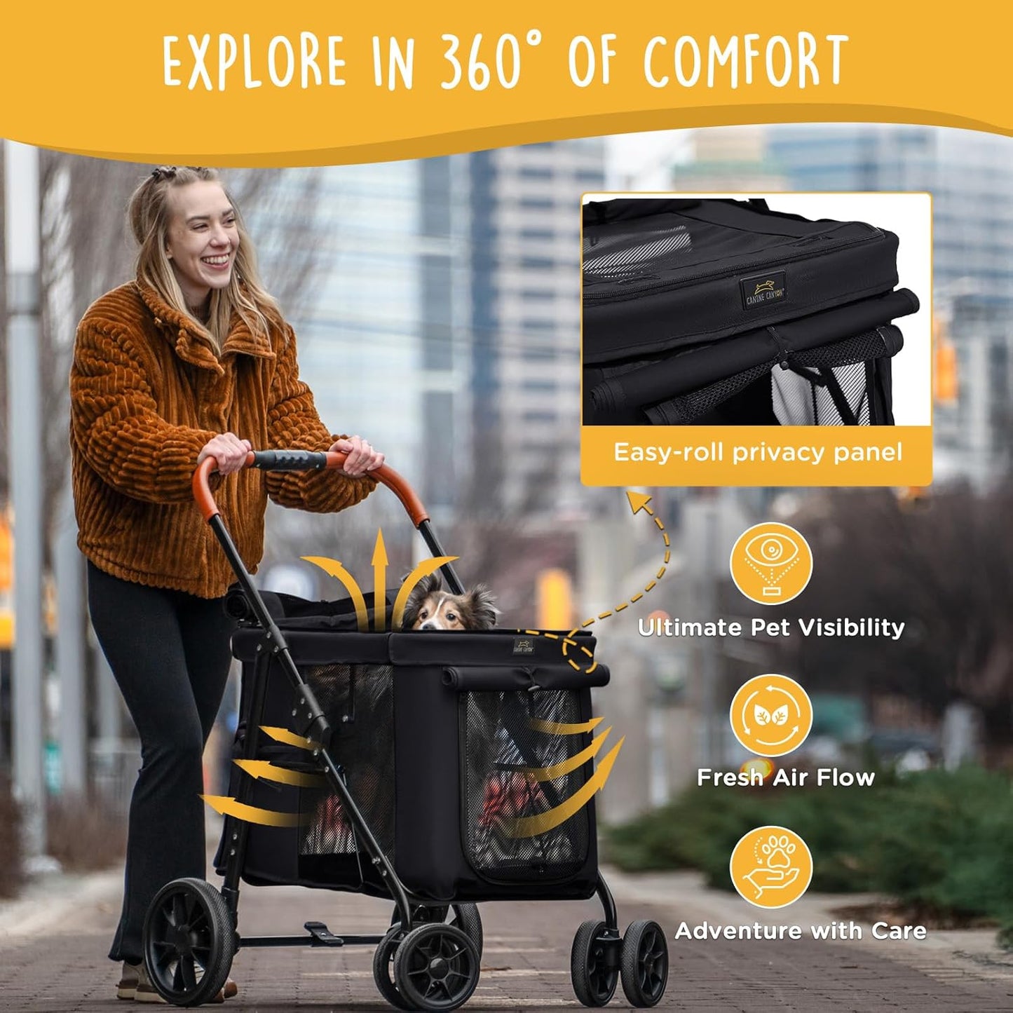 Scout Pet Stroller, 4-Wheel Design for Small/Medium Dogs - One-Button Fold, Adjustable Mesh Windows & Shades, 360° Swivel Front Wheels, Rear Wheel Brake for Safety, Black