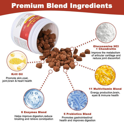 Dog Multivitamin Chewable, with Glucosamine Chondroitin, Digestive Enzymes & Probiotics, for Digestion Support, Immune, Skin, Coat, Joints & Bones Healthy, 120 Chews