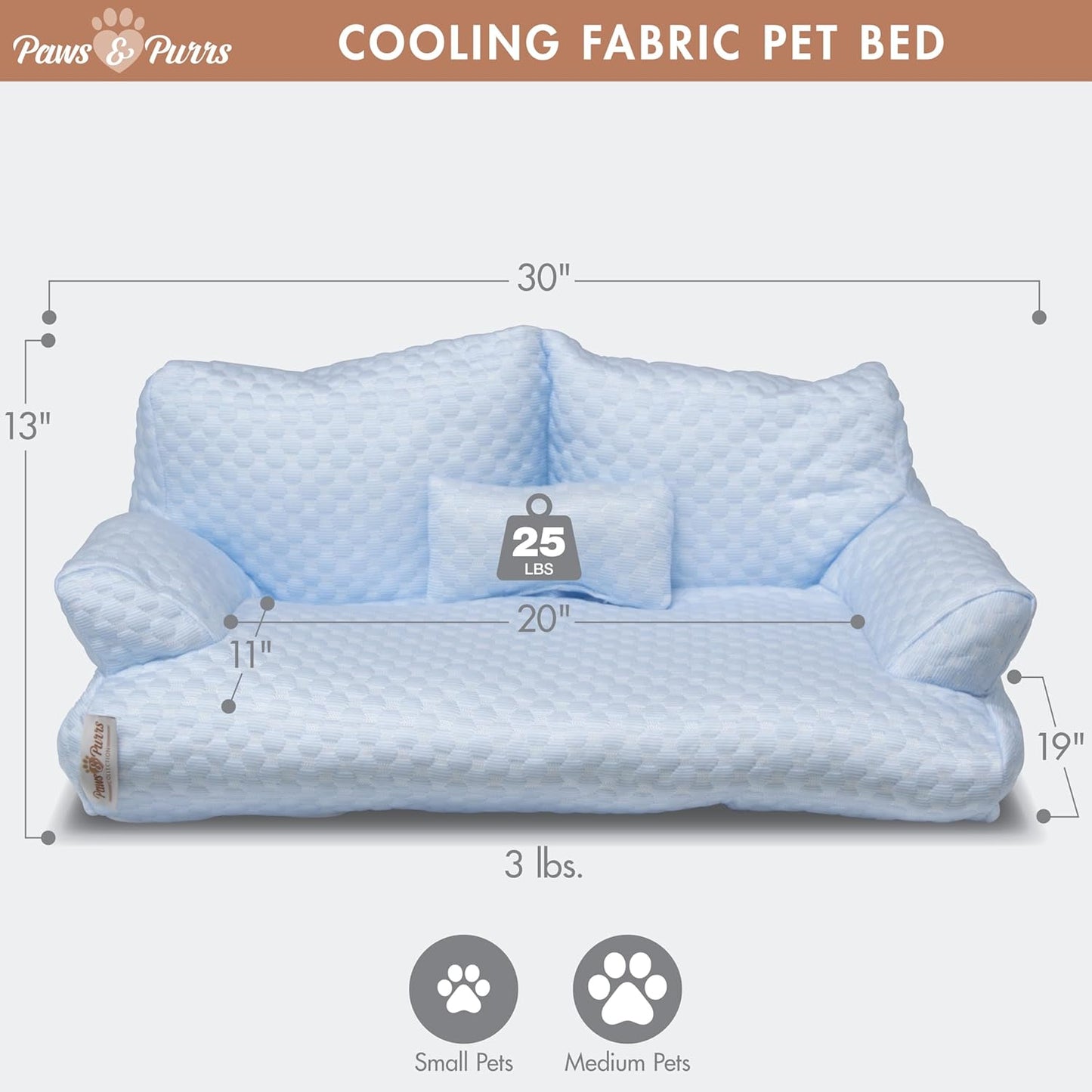 Paws & Purrs Cooling Pet Sofa Bed for Small Dogs or Cats, Breathable Fabric, Supportive Bolsters, Removable Washable Cover, Non-Slip Base, Sofa Pet Lounger Includes Mini Play Cushion, Blue
