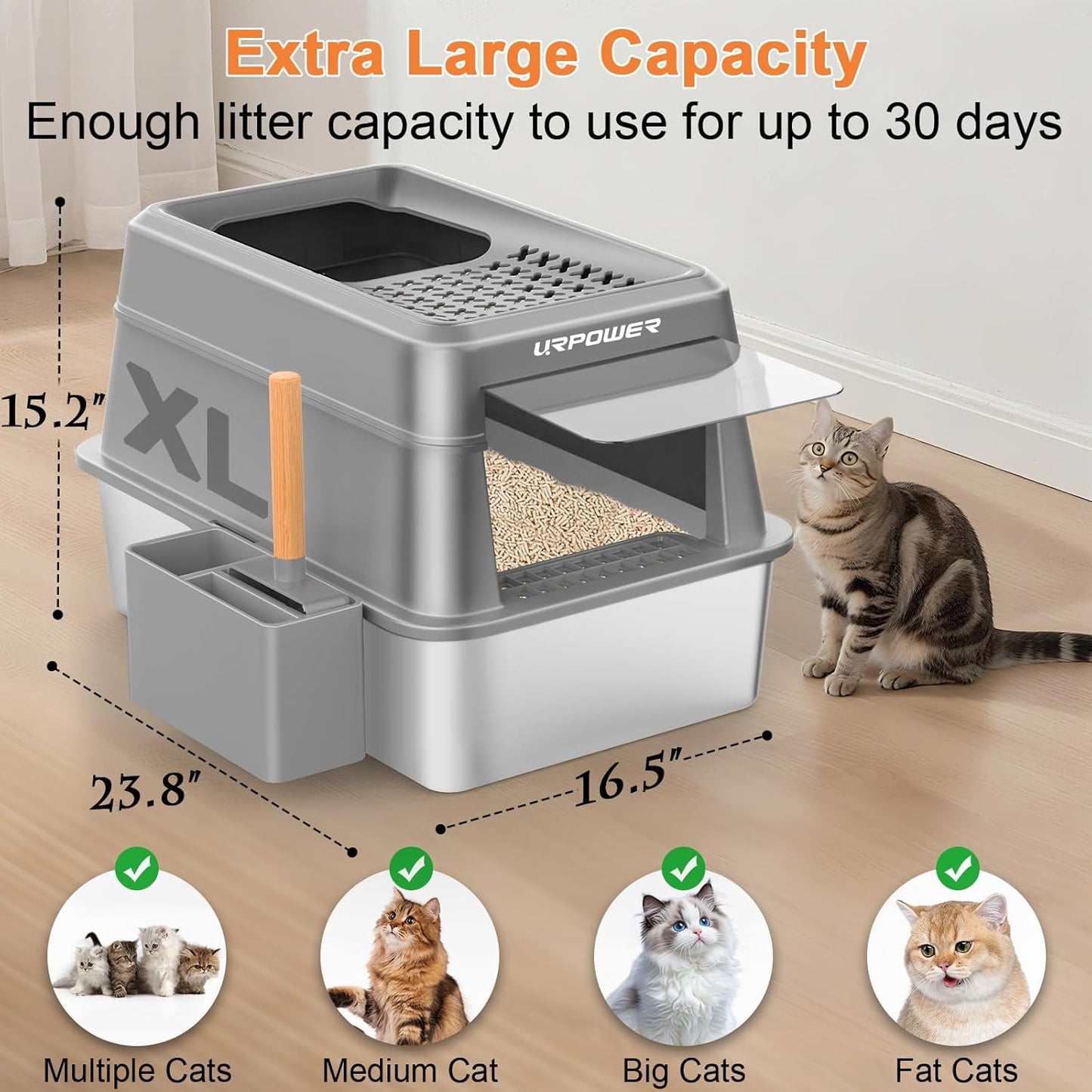 URPOWER Stainless Steel Cat Litter Box with Lid Extra Large Enclosed Litter Box for Cats Non-Sticky Metal Pan with High Sided Enclosure & Scoop, Front & Top Entry, Anti-Leakage, Easy Cleaning