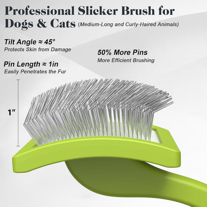 2PCS Slicker Brush for Dogs & Pet Comb,Professional Dog Grooming Brush (Goldendoodles,Poodles,Labradoodles) with Extra Long Pins to Effectively Remove Tangles, Knots and Mats (Large Green)