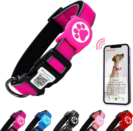 Airtag Dog Collar,Nylon Dog Collars with Airtag Holder,Waterproof Airtag Holder,Adjustable Reflective Dog Collar(Hotpink,M)
