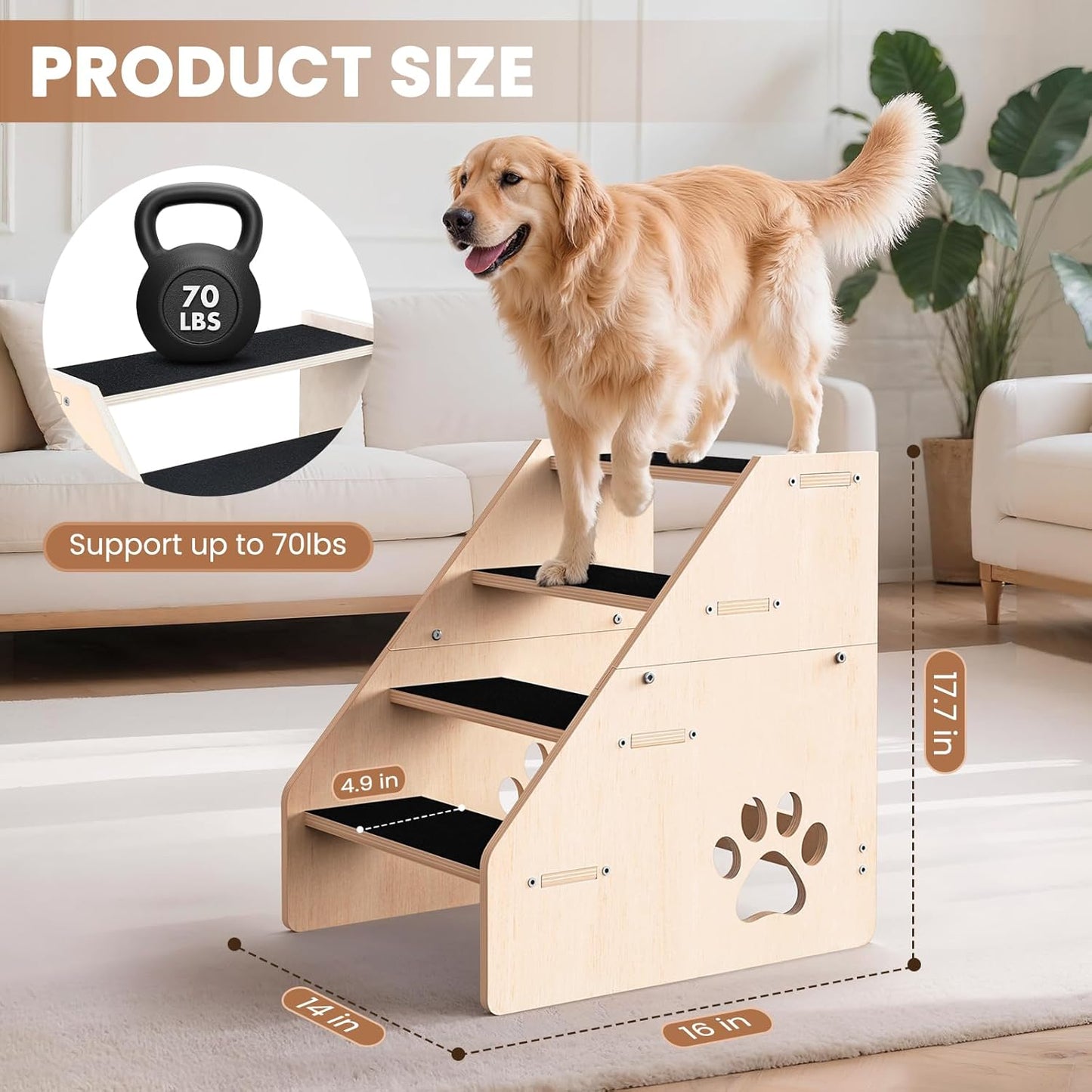 Dog Stairs, Wooden 4-Step Dog Ramp for Small Medium Older Cat, Puppy Essentials Pet Step Ladder for High Bed Couch Car