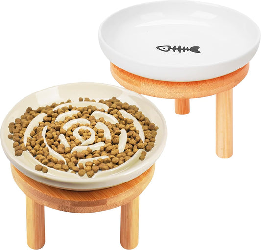 Shallow Elevated Cat Bowls with Bamboo Stand, 5.9 Inch Raised Slow Feeder Cat Bowl and Wide Ceramic Cats Bowls Whisker Friendly, 2 Pack Pet Dishes for Dry and Wet Food Dishwasher Safe