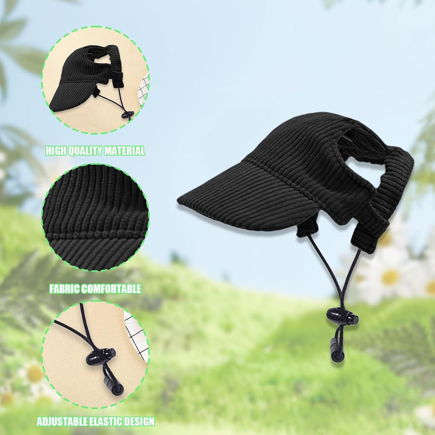 Dog Baseball Cap, Dog Cat Summer Beach Visor Hat with Ear Holes, Adjustable Puppy Sunbonnet Headdress (Black, Large)