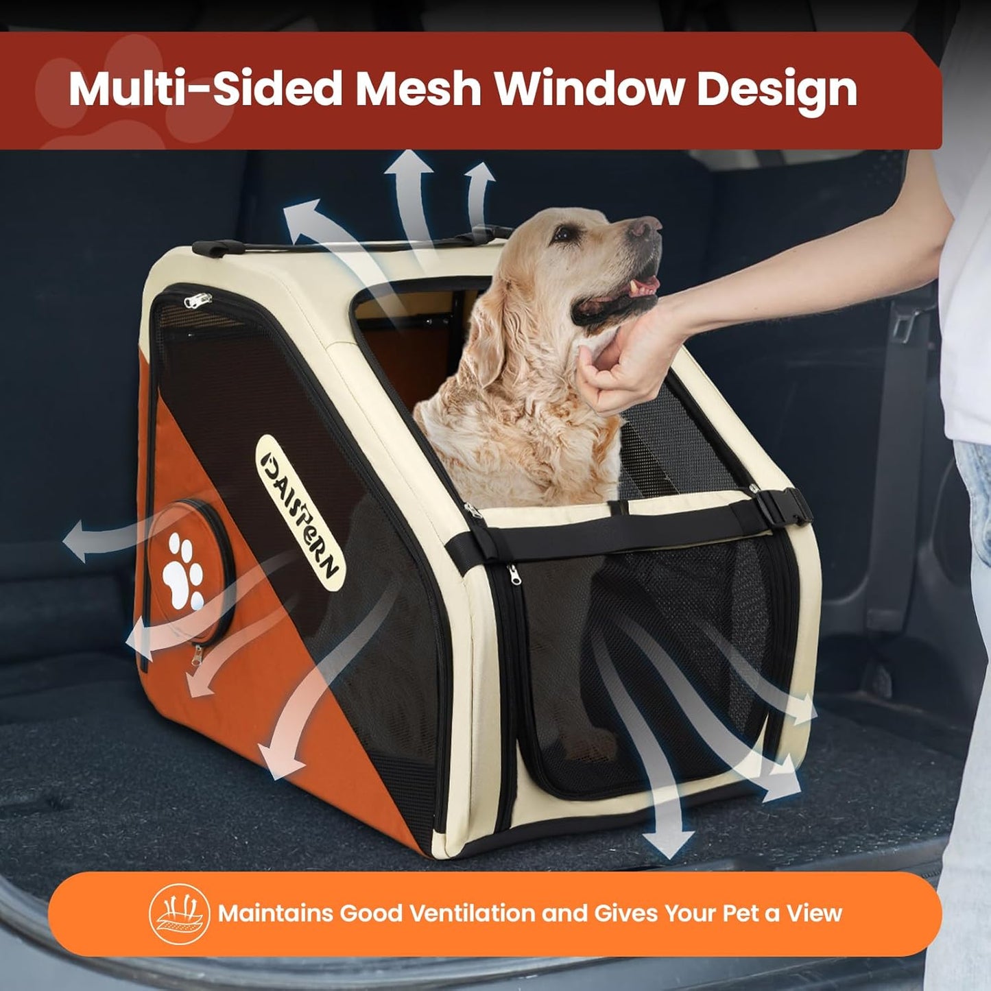 Collapsible Dog Crate for Travel, Portable Pet Crate for Small & Large Dogs, Soft-Sided Car Kennel with Heavy-Duty Metal Frame, Mesh Windows, Feeding/Comfort Access for Backseat Trunk Brown