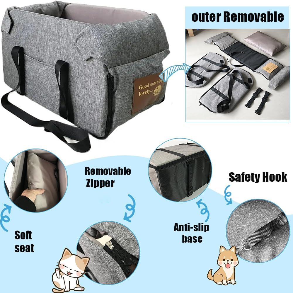 Center Console Dog Car Seat Portable Pet Car Seats Multi-Purpose Dog Booster Seats Travel Pet Bed with Soft Cushion Safety Belt Adjustable Straps and Storage Pocket for Small Pet