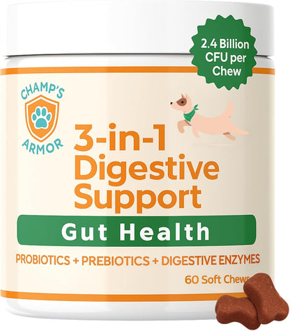 3-in-1 Digestive Support – Extra Strength Probiotics, Prebiotics & Digestive Enzymes for Dogs – Gut Health + Immunity + Diarrhea & Bowel Support – 2.4 Billion CFU – 60 Dog Chews