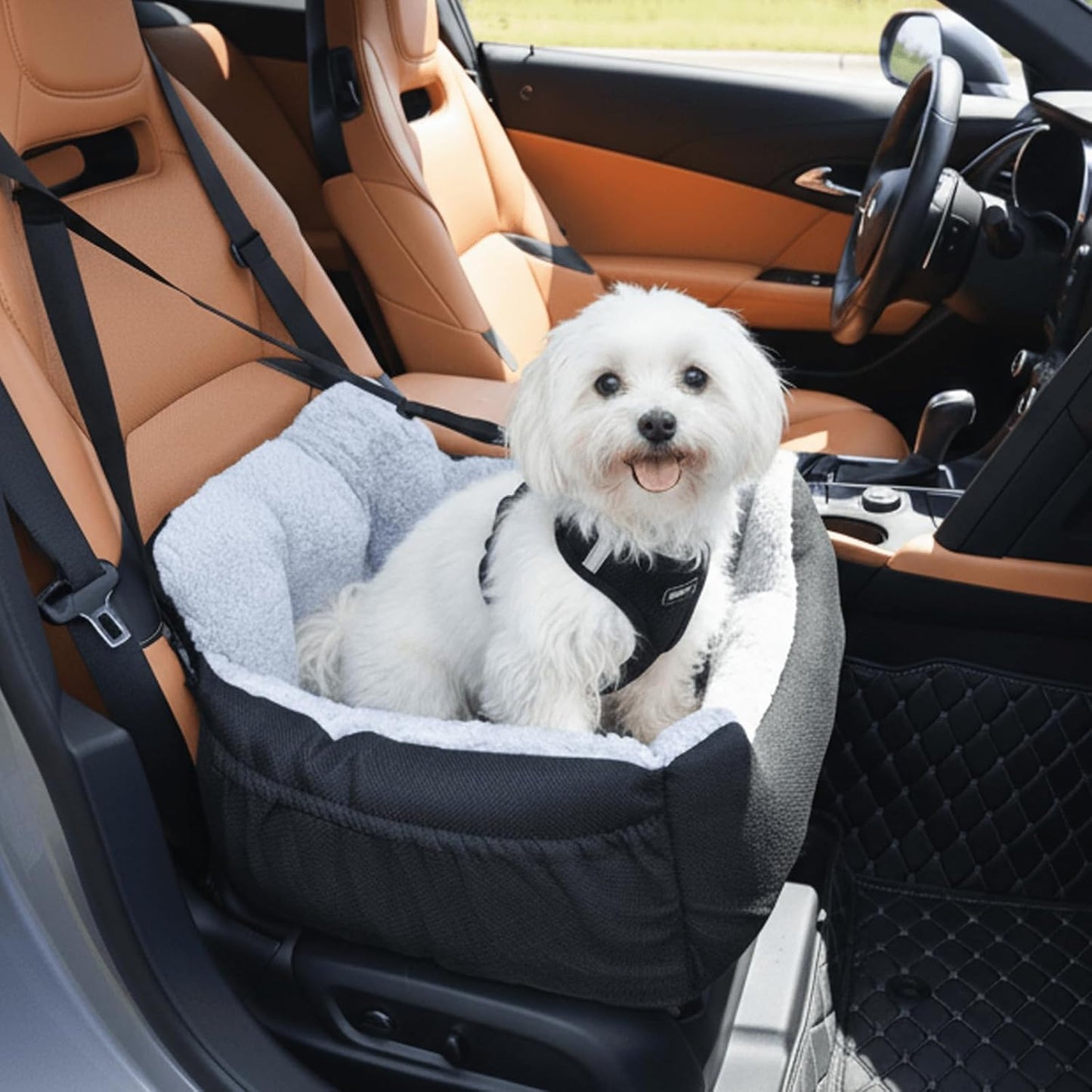 Dog Car Seat for Small Dogs,Washable Pet Booster Seats for Car with Clip-On Safty Leash, Reversible Puppy Carseat with Storage Pockets, Travel Carrier Bed for Dogs Under 25 lbs, Grey