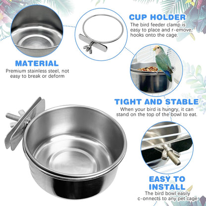 Tfwadmx Bird Feeding Dish Cups Parrot Food Bowl Clamp Holder Coop Cup, 2PCS Bird Cage Water Bowl for Parakeet African Greys Conure Cockatiels Lovebird Budgie Chinchilla