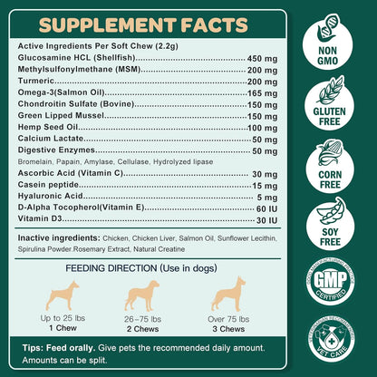 Glucosamine for Dogs, Hip and Joint Supplement for Dogs with Chondroitin, MSM, Turmeric, Omega-3 & Calcium, Dog Glucosamine Supports Pain Relief, Mobility & Comfort, Chicken Flavor, 120 Soft Chews