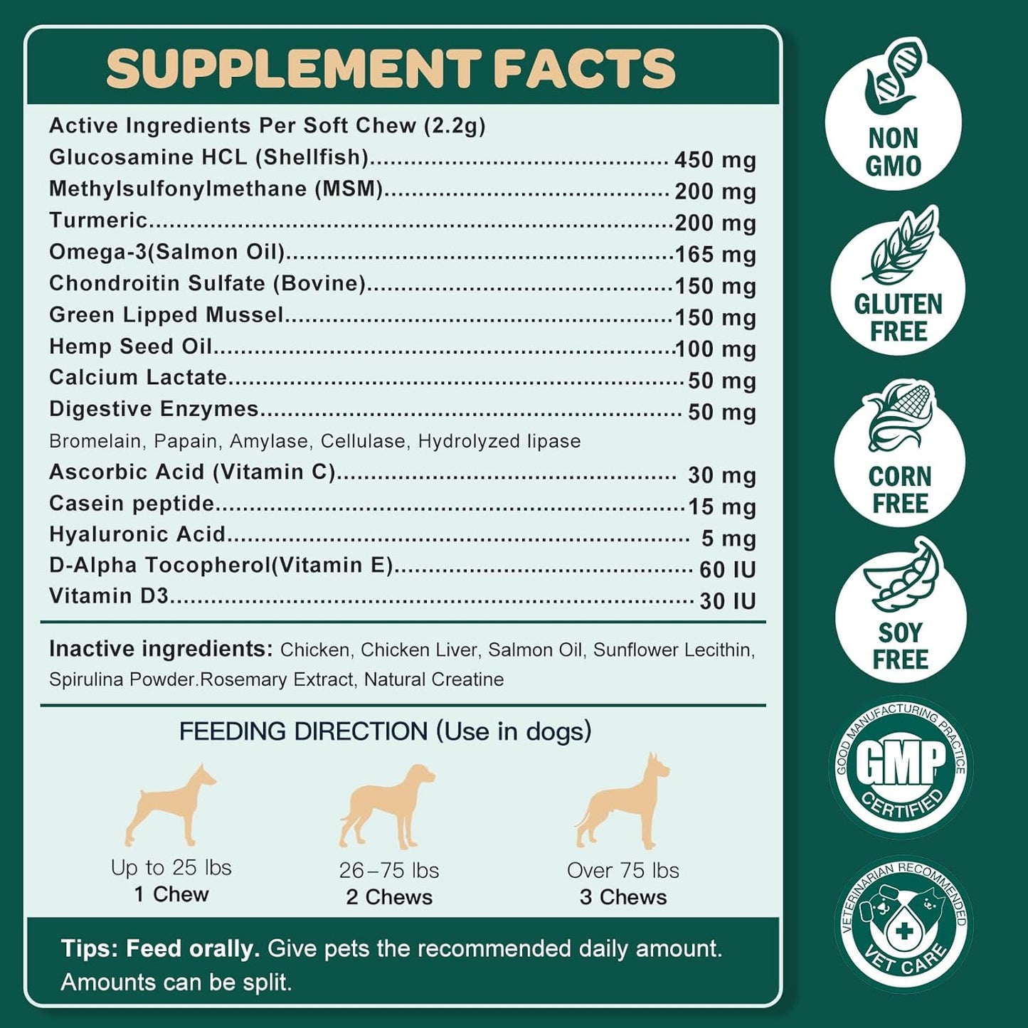 Glucosamine for Dogs, Hip and Joint Supplement for Dogs with Chondroitin, MSM, Turmeric, Omega-3 & Calcium, Dog Glucosamine Supports Pain Relief, Mobility & Comfort, Chicken Flavor, 120 Soft Chews