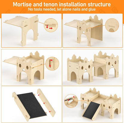 Guinea Pig Hideout House, Advanced Wooden Hamster Hideout with Climbing Ladder & Rest Zone, Bunny Castle Tower Toy for Guinea Pig Chinchilla Gerbil Hedgehog Small Animal House Habitat Hut