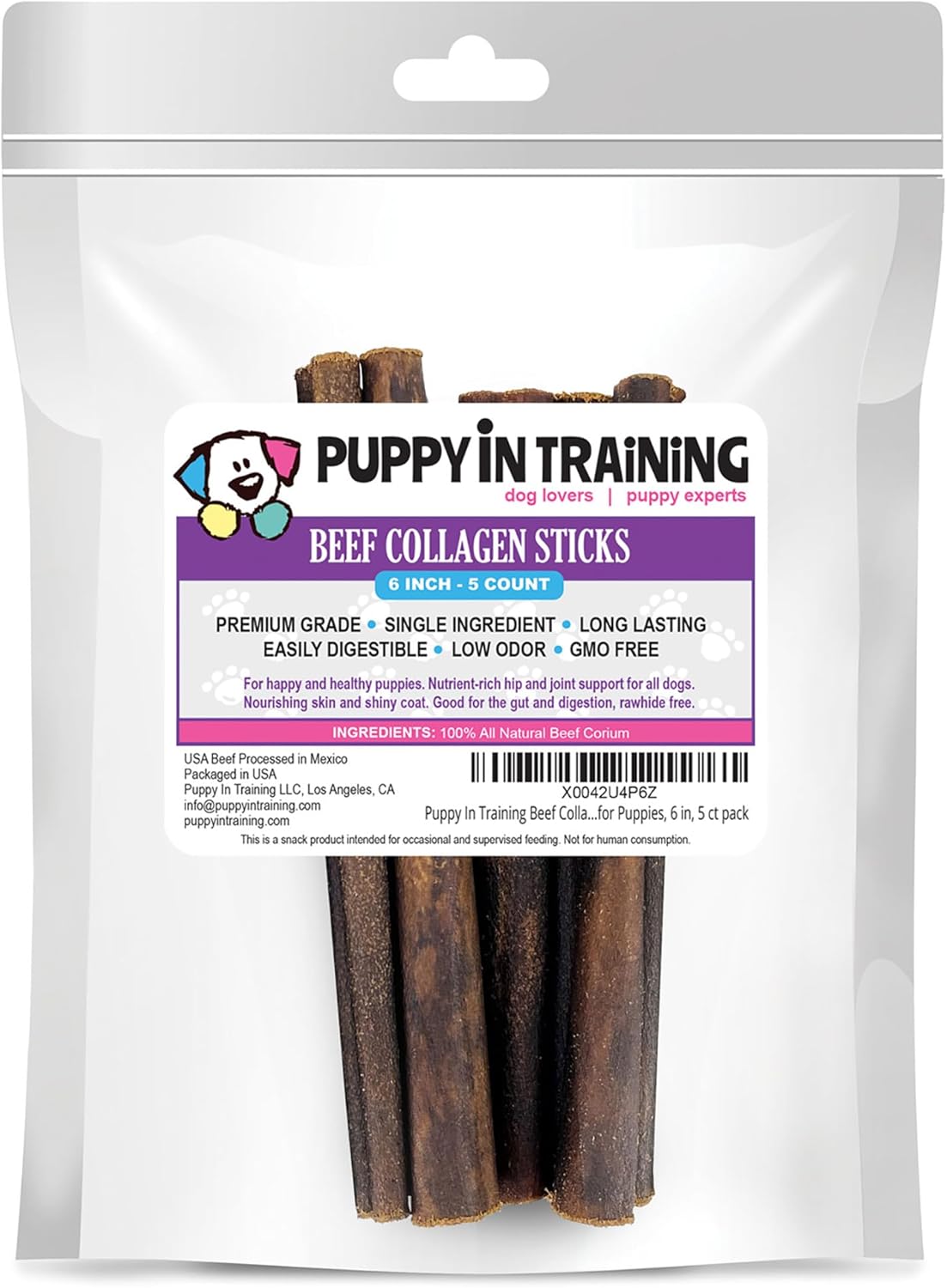 Puppy In Training Beef Collagen Sticks for Dogs, Bully Stick and Rawhide Alternative, All Natural, Teething Chew for Puppies, Low Odor, 6 in, 5 ct Pack