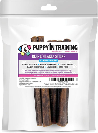 Puppy In Training Beef Collagen Sticks for Dogs, Bully Stick and Rawhide Alternative, All Natural, Teething Chew for Puppies, Low Odor, 6 in, 5 ct Pack