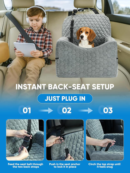 Dog Car Seat for Small/Medium Pets, Adjustable Booster Seat with Safety Leash, Washable Cover & Storage Pockets (Up to 35 lbs, Gray)
