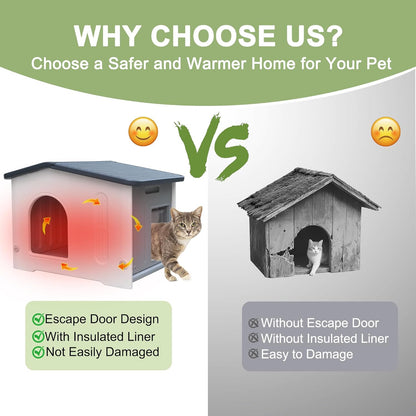 Outdoor Cat House with Insulated Liner, Weatherpoof Plastic Insulated Cats Houses with Escape Door Indoor Waterproof Feral/Pet Cat Shelter Outside for Puppy, Rabbit for Winter