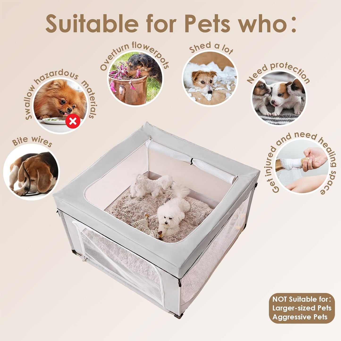 EHEYCIGA 42x42x26 Inches Puppy Playpen with Top Cover for Dogs & Cats Indoor or Outdoor - Dog Playpen with Door, Dog Fence for Small Animal with Heavy-Duty Oxford & Steel Frame, Sliver Grey