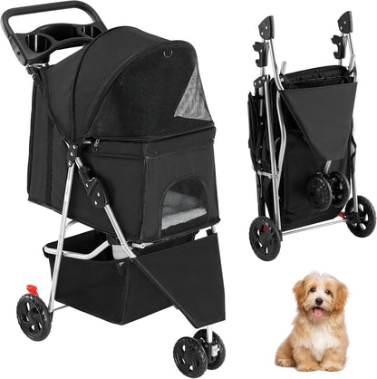 Sweetcrispy Pet Stroller for Dogs and Cats | Foldable, Lightweight, and Durable | Ideal for Small to Medium Pets | Includes Storage Basket and Cup Holders