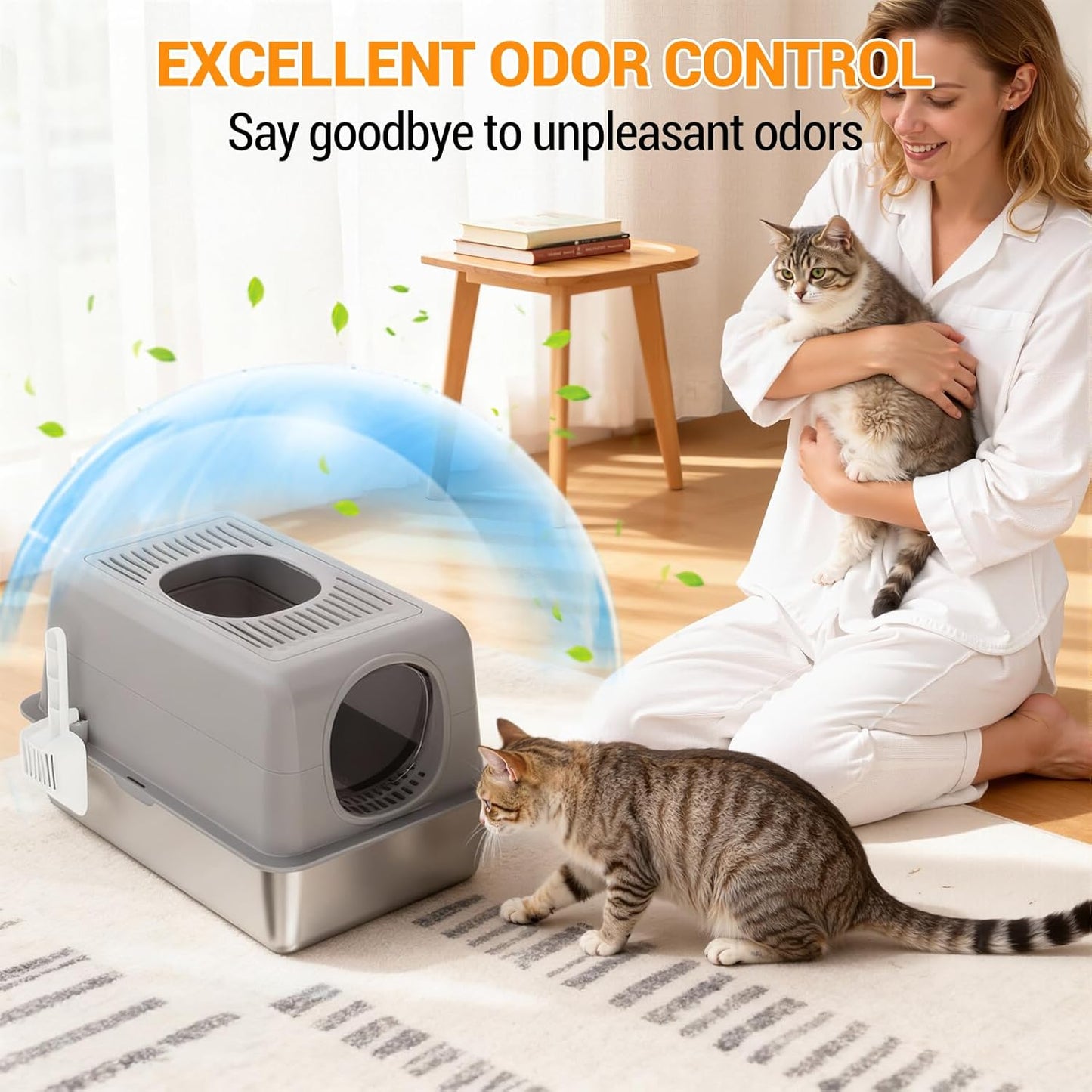 Extra Large Stainless Steel Cat Litter Box with Lid – Fully Enclosed, High Sides, Dual Entry (Front & Top), Odor-Resistant, Anti-Leakage, Easy to Clean, Non-Stick, Includes Scoop, Durable Metal Tray