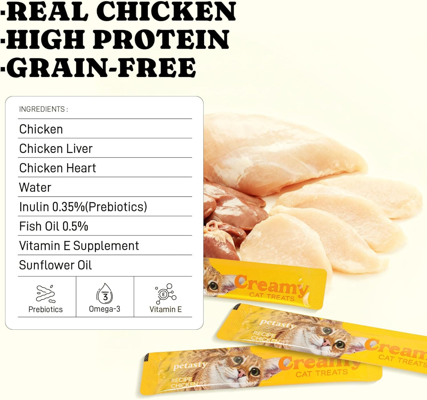 Squeezable Stick Lickable Cat Treats, Grain-Free, Chicken Soft Creamy Puree with Vitamin E, High Protein Wet Cat Treat, No Artificial Additives for Daily Interactive Training Reward, 20 Tubes