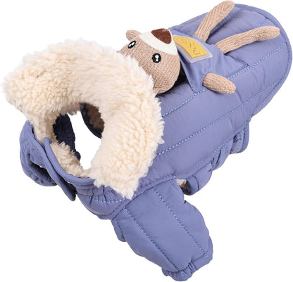 Cute Dog Winter Coat with Detachable Bear Toy, Fleece Lined Puffer Jacket for Small Dogs & Puppies, Warm Vest with Soft Sherpa Collar & Harness Hole (Blue, Medium)