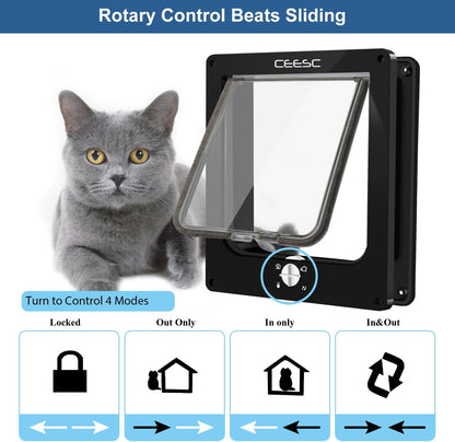 CEESC Large Cat Door for Interior/Exterior Door, Weatherproof, Black, Rotary 4 Way Locking Pet Door for Cats & Dogs with Circumference < 23.62", Upgraded Version
