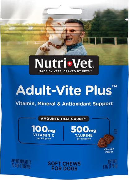 Nutri-Vet Adult-Vite Plus Dog Multivitamin Soft Chews, Daily Dog Supplement with Vitamins Minerals and Antioxidants, Supports Skin, Immune, Joint, and Gut Health, Tasty Chicken Flavor, 70 Count