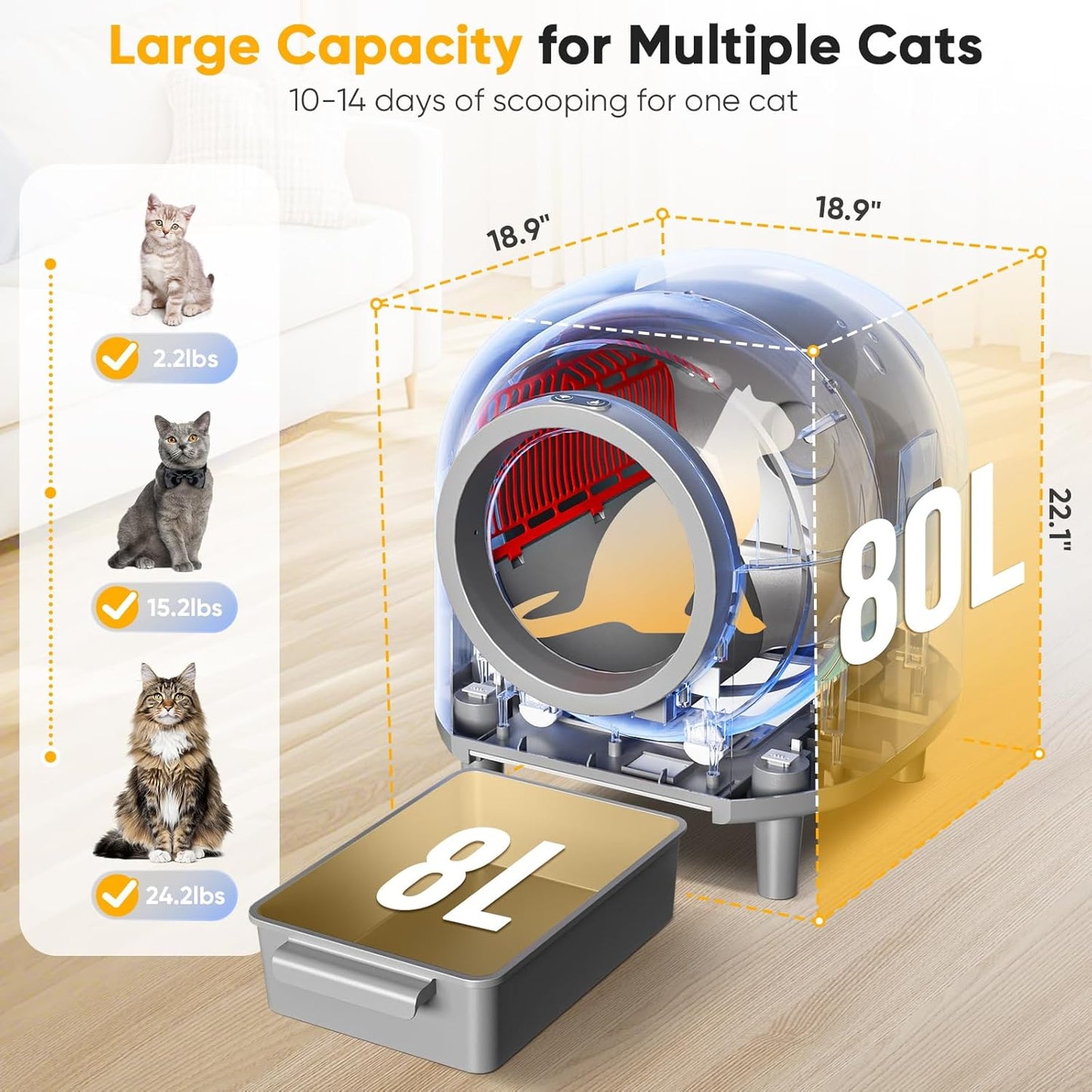 Self Cleaing Litter Box for Multiple Cats, 88L Large Smart Automatic Cat Litter Box with App Control, Health Monitoring, Integrated Safety Sensors, Odor Removal, Mat, Liners (White)